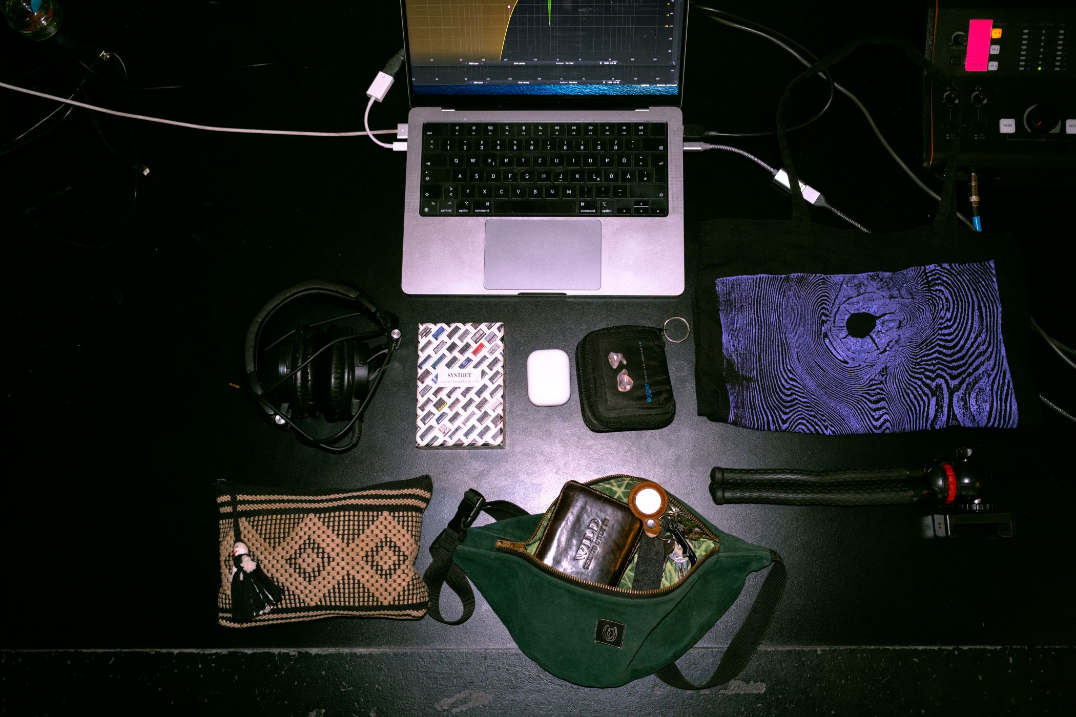 Der Inhalt von Brian Zajaks Rucksack liegt ausgebreitet auf seinem Studio-Tisch.